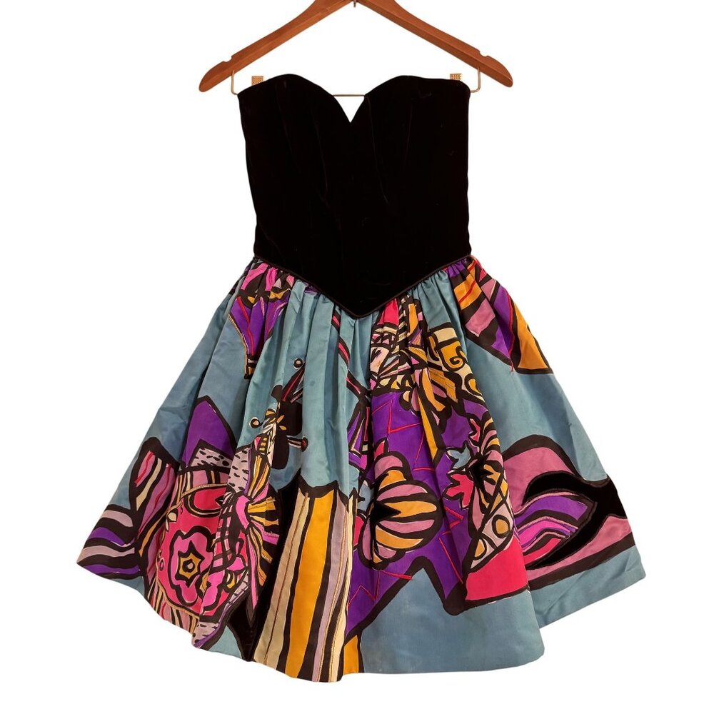 Vtg Sander Witlin Velvet Bustier Abstract Print Cocktail Dress 80s Prom Party S - Picture 2 of 10
